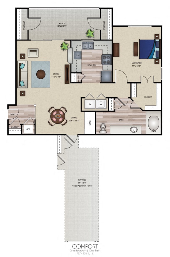 Comfort One Bedroom Floor Plan  at Wind Dance, Texas, 75010