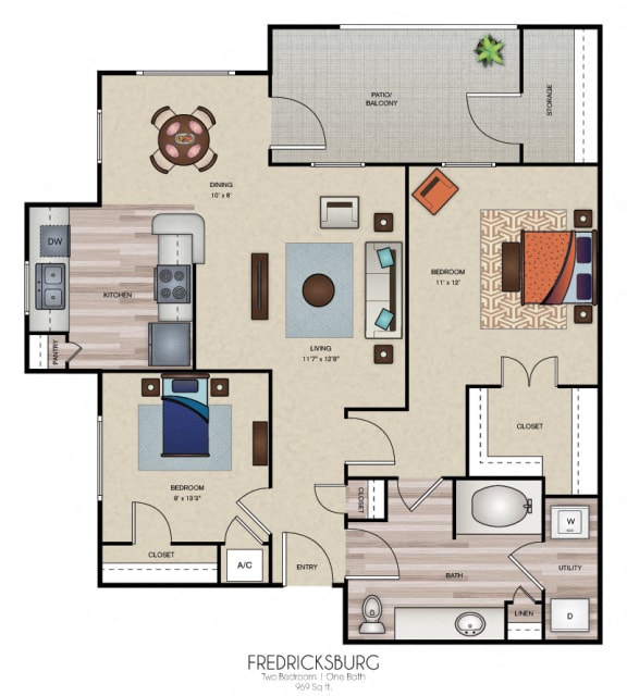 Two Bedroom One Bath Fredricksburg Floor Plan  at Wind Dance, Carrollton, TX, 75010
