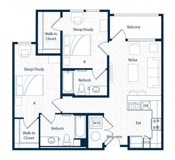 Floor Plan  Two Bedroom Apartments for rent at Cedar Flats
