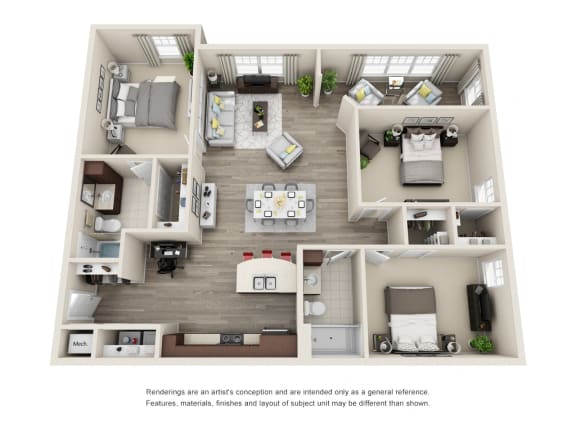C2 Unit 3BR Floor Plan C2 Unit 3BR Floor Plan for Vintage Blackman Apartments in Murfeesboro, Tennessee