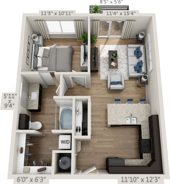1 Bedroom Floor Plan at West Line Flats, Lakewood, CO