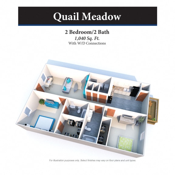 2 bed 2 bath floor plan at Quail Meadow Apartments, Cincinnati, OH