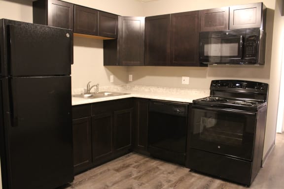Wooden cabinets and lights in kitchen at Quail Meadow Apartments, Ohio