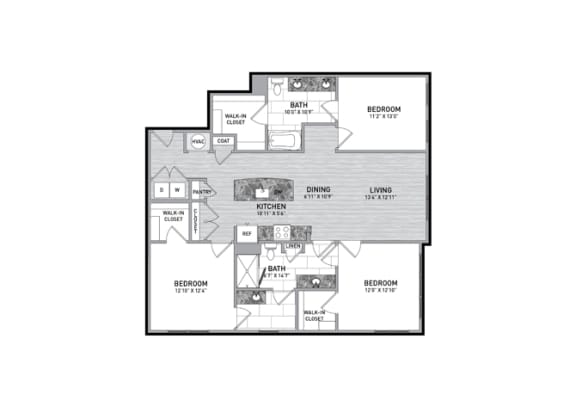 3 Bedroom 2 Bath Floor Plan at The Flats at Ballantyne Apartments, North Carolina, 28277