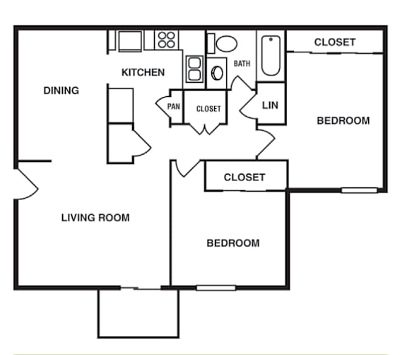 Floor Plan  2 Bedroom/1 Bathroom 944