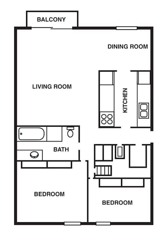 Floor Plan  2 Bedroom/1 Bathroom with Woodgrain Floors