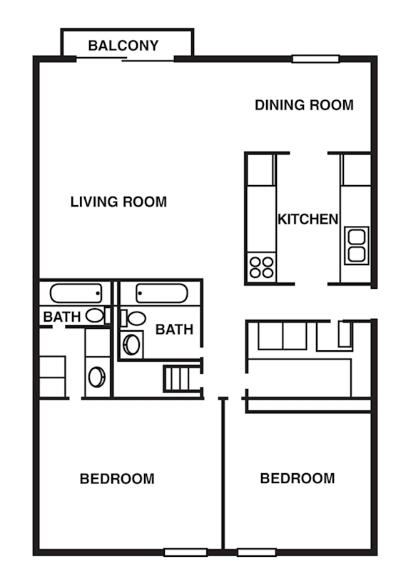 Floor Plan  2 Bedroom/2 Bathroom with Woodgrain Floors