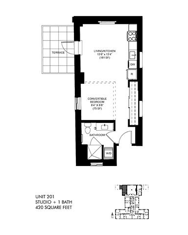 Large 420 SQFT Junior Floor Plan at Park Heights by the Lake Apartments, Chicago, 60649