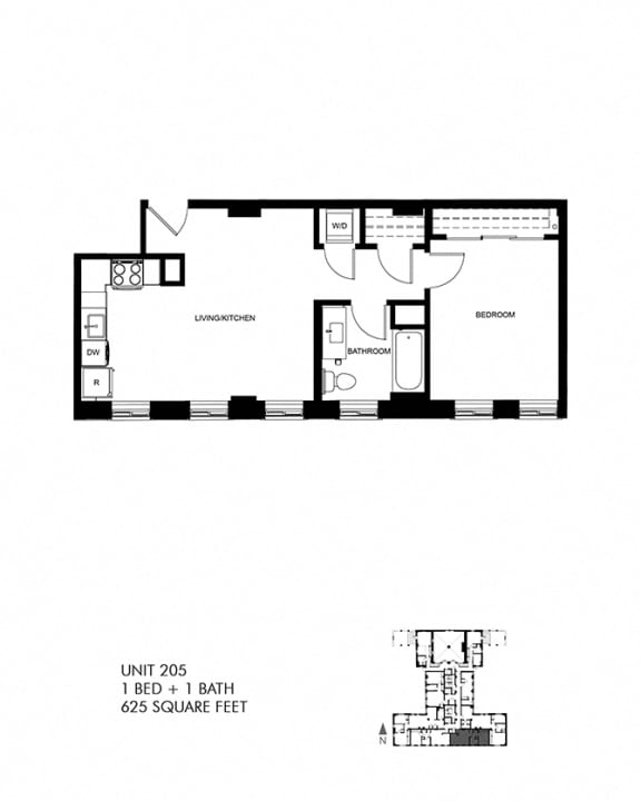 625 SQFT 1 Bed 1 Bath Floor Plan at Park Heights by the Lake Apartments, Chicago, IL, 60649