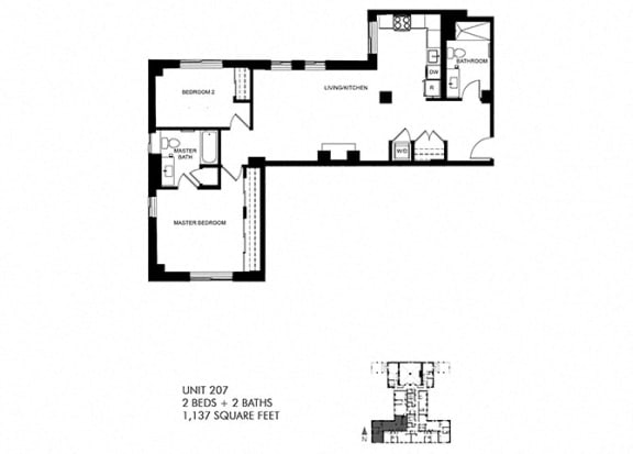 1137 SQFT 2 Bed 2 Bath Floor Plan at Park Heights by the Lake Apartments, Illinois