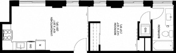Large 390 SQFT 1 Bed 1 Bath Floor Plan at Park Heights by the Lake Apartments, Illinois, 60649