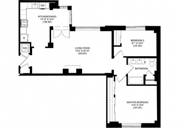2 Bed 1 Bath Floor Plan at Park Heights by the Lake Apartments, Illinois