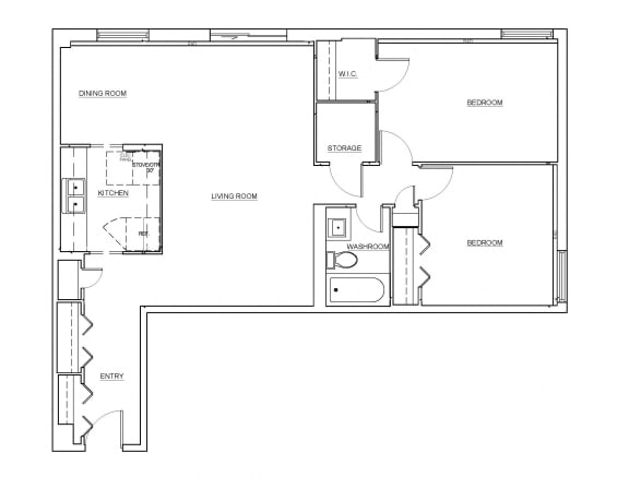 Two bedroom, one bathroom apartment layout at Millside Apartments in Milton, ON