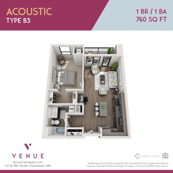 Floor Plan  3D 1 Bed Floorplan for Venue Apartments in Chanhassen, MN