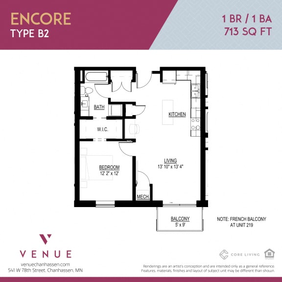 2D 1-Bed Floorplan for Venue Apartments in Chanhassen, MN
