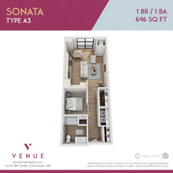 Floor Plan  3D 1 Bed Floorplan for Venue Apartments in Chanhassen, MN