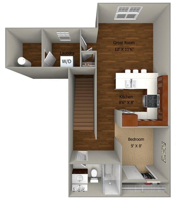 Studio /  1 Bath (624 sf) Floor Plan FloorPlan at Cedar Place Apartments, Cedarburg, Wisconsin