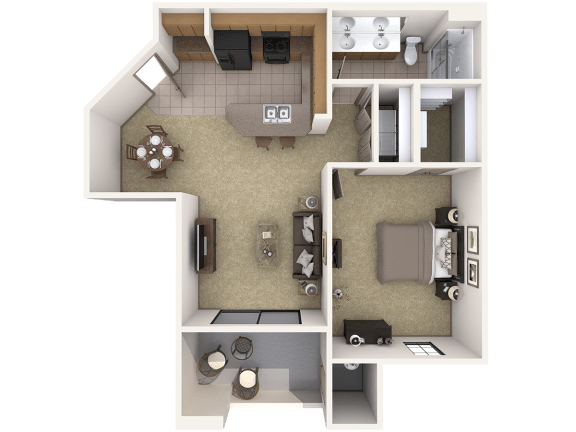 A2 Premier - 1 Bedroom 1 Bath Floor Plan Layout – 876 Square Feet