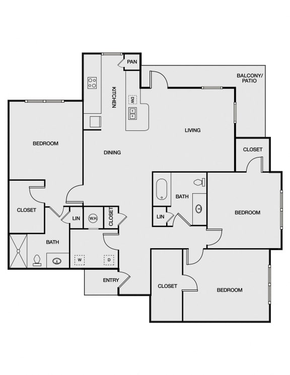 Floor Plan  3 bed 2 bath at Atria Apartment Homes, Tulsa, OK