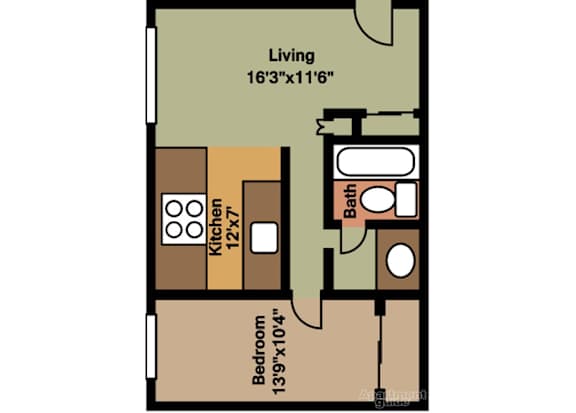 a floor plan of a one bedroom apartment with a bedroom and a living room