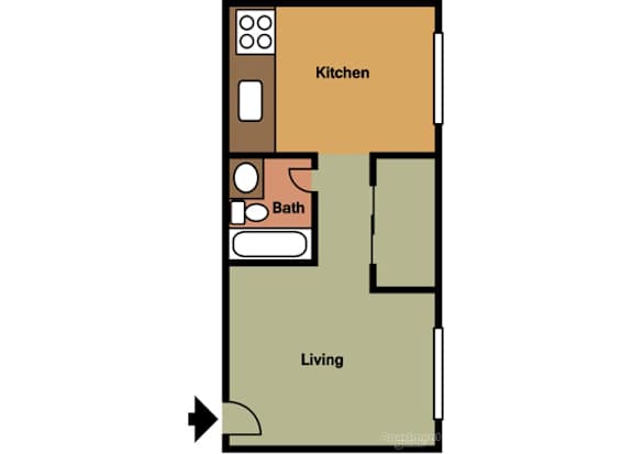 a floor plan of a studio apartment with a bedroom and a living room