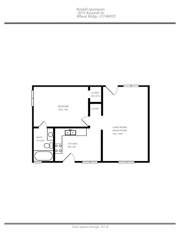 One Bedroom Floor Plan at Kendall Street Apts, Wheat Ridge, CO