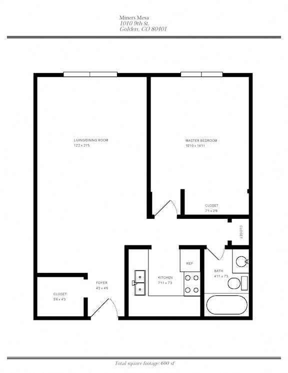 1 Bedroom Floor Plan at Miners Mesa Apartments, Golden, CO, 80401
