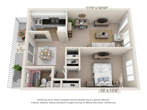 Floor Plan  1 Bedroom, 1 Bath B (Balcony)