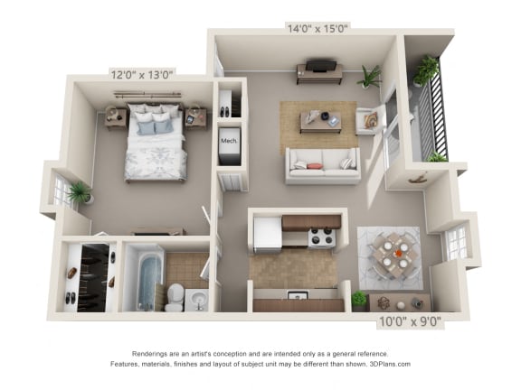 Floor Plan  1 bed 1 bath floor plan at Fairfield Pointe, Fairfield, OH, 45014
