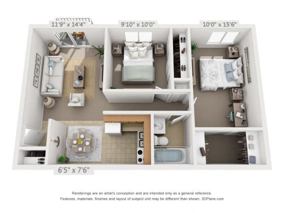 This is a 3D floor plan of a 705 square foot 2 bedroom with balcony apartment at Lisa Ridge Apartments in Cincinnati, OH.