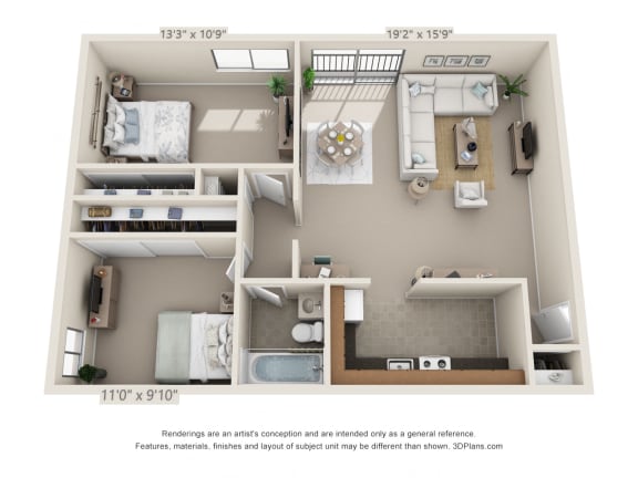 This is a 3D floor plan of a 755 square foot 2 bedroom apartment at Romaine Court Apartments in Cincinnati, OH.