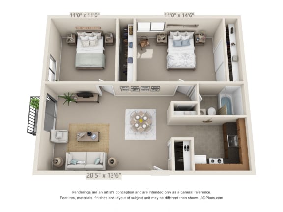 This is a 3D floor plan of a 742 square foot 2 bedroom apartment at Romaine Court Apartments in Cincinnati, OH.
