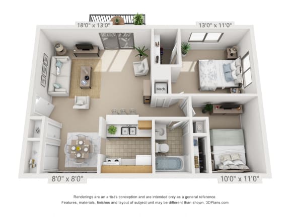 2 bed 1 bed A 3D floor plan of a 841 square foot 2 bedroom apartment at Village East, Ohio, 45005