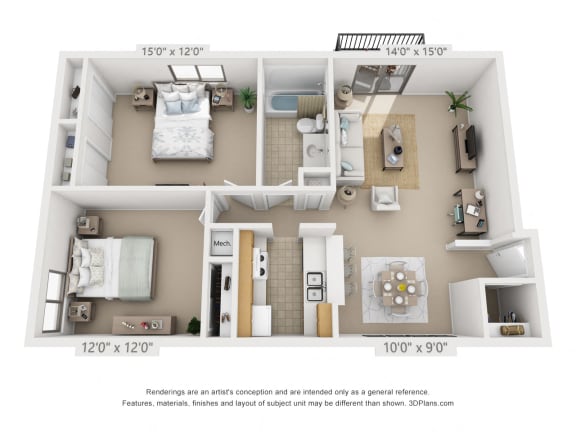 Floor Plan  2 bed 1 bed C floor plan of a 882 square foot 2 bedroom apartment  at Village East, Franklin, OH