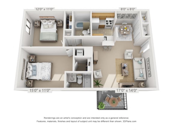 2 bed 2 bed 3D floor plan of a 925 square foot 2 bedroom apartment at Village East, Franklin, OH