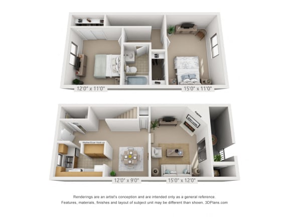 2 bed 2 bed F 3D floor plan of a 1000 square foot 2 bedroom townhome at Village East, Franklin