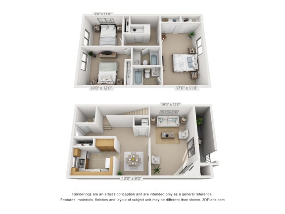 3 bed 2 bath 3D floor plan of a 1380 square foot 3 bedroom townhome  at Village East, Ohio
