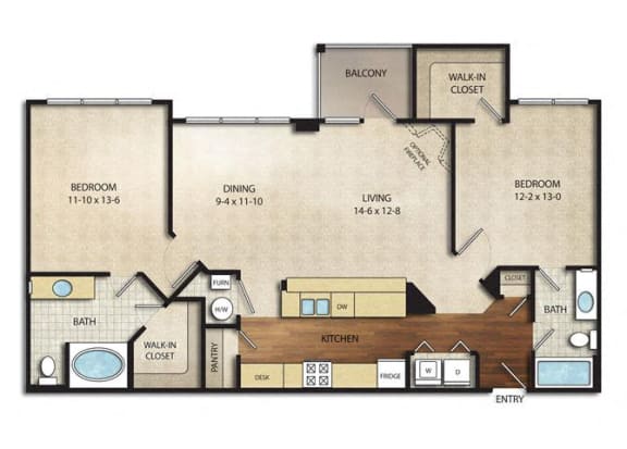 2 Bed 2 Bath Claiborne Floor Plan | Sq. Ft.: 1,155 at The Farms Apartments, Ohio, 43221