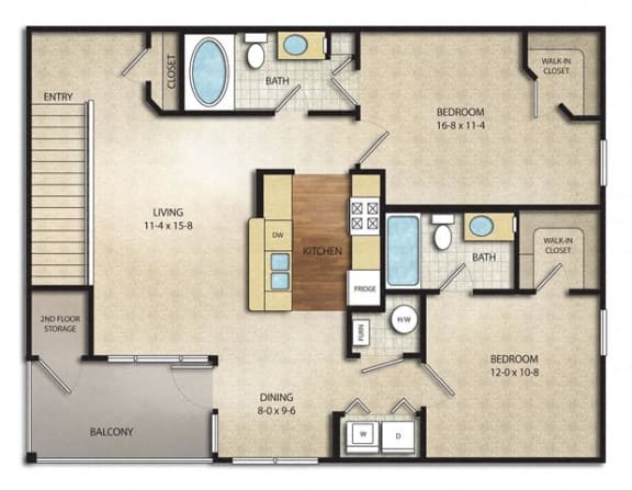2 Bed 2 Bath Crestview Floor Plan | Sq. Ft.: 1,055 at The Farms Apartments, Columbus, OH, 43221