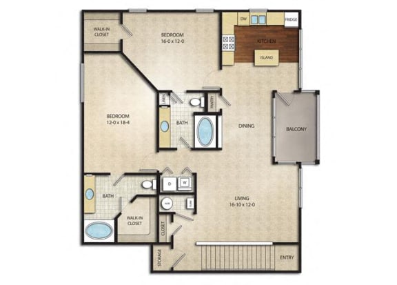 2 Bed 2 Bath Derby Floor Plan | Sq. Ft.: 1,355 at The Farms Apartments, Columbus
