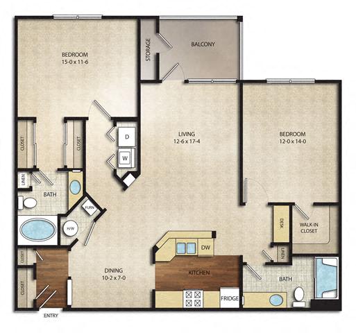 2 Bed 2 Bath Glencrest Floor Plan | Sq. Ft.: 1,215 at The Farms Apartments, Ohio