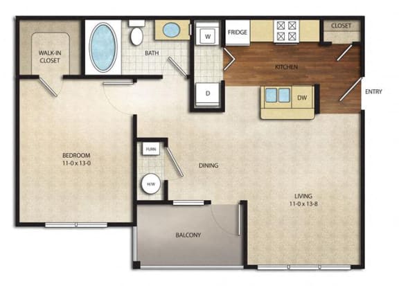 1 Bed 1 Bath Keeneland Floor Plan | Sq. Ft.: 665 at The Farms Apartments, Columbus