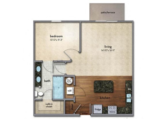 1 bed 2 bath Floor Plan | 786 Sq. Ft. at Strathmoor Apartments , Dublin, 43016