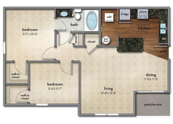 1 bed 2 bath Floor Plan | 906 Sq. Ft. at Strathmoor Apartments , Dublin, OH