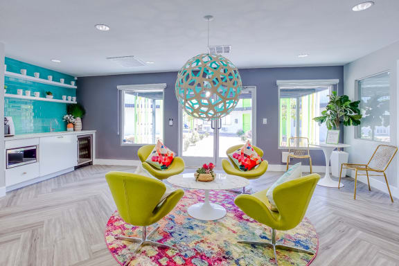 brand new leasing office at Fusion Las Vegas apartment complex with modern decor and free coffee bar
