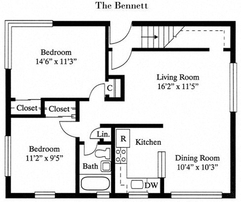 2 Bed 1 Bath The Bennett Floor Plan at Park Georgetown, Arlington, Virginia