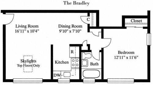 1 Bed 1 Bath The Bradley Floor Plan at Park Georgetown, Arlington