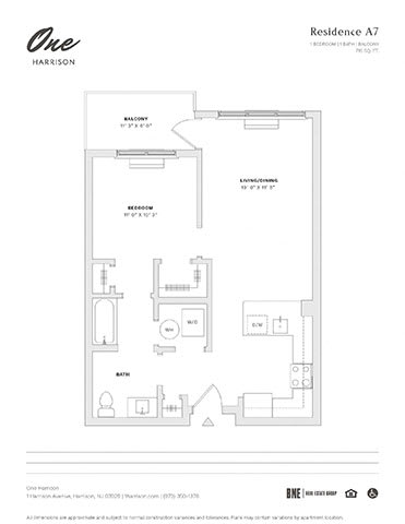 Floor Plan  Residence A7 1 Bed 1 Bath Floor Plan at One Harrison, New Jersey