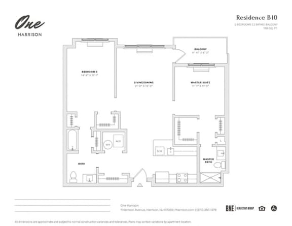 Residence B10 2 Bed 2 Bath Floor Plan at One Harrison, Harrison, NJ, 07029