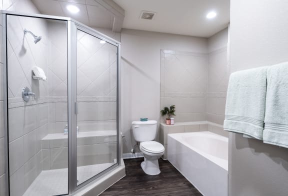 Walk-In Showers With Built-In Bench And Glass Enclosure at Nalle Woods of Westlake, Texas, 78746